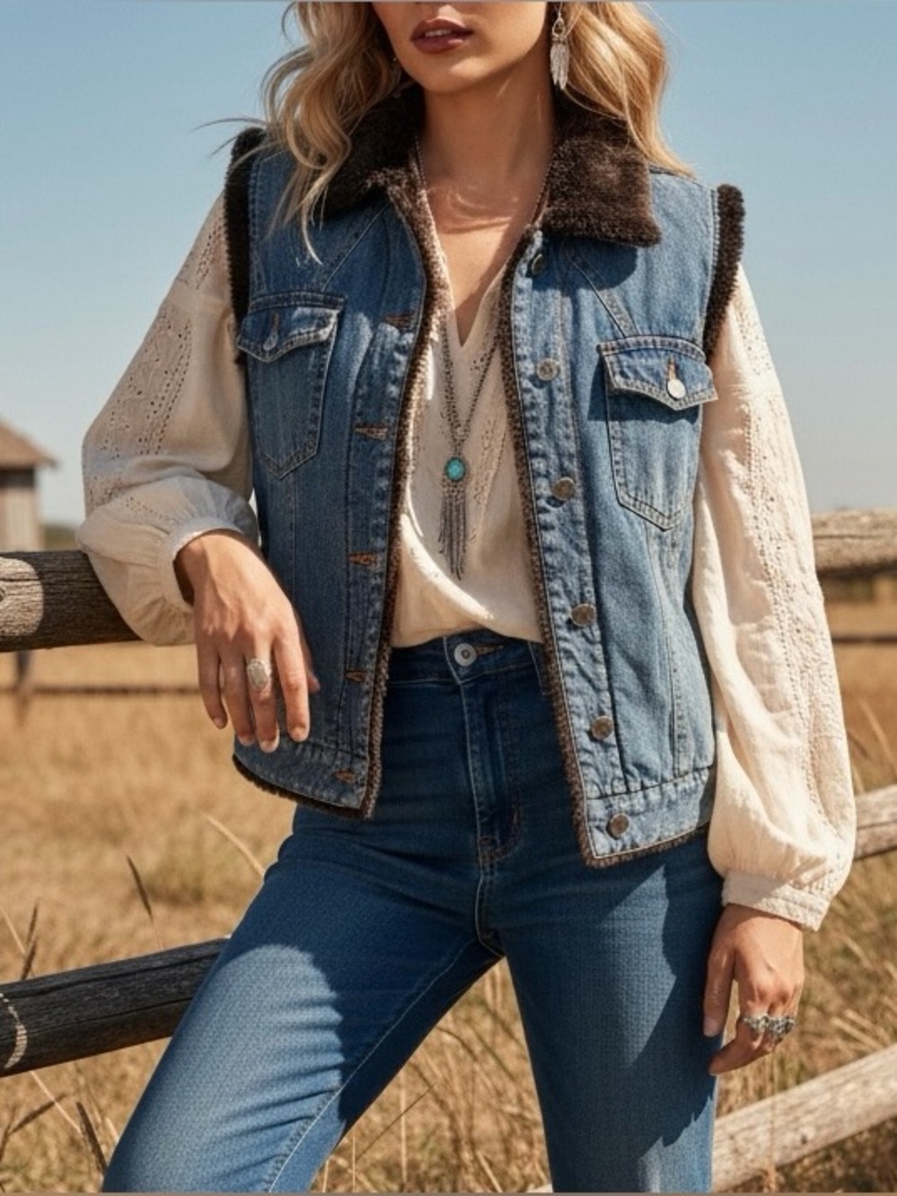 VTG Lapis Y2K Denim Faux Fur Trim Vest Medium Boho Western Indie Sleaze Grunge